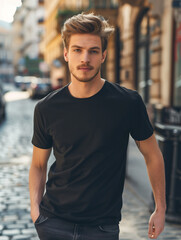 Fototapeta premium Black tshirt mockup, blank oversized t-shirt template, casual fashion, handsome male model wearing a empty black tee standing outdoors in the city for clothing company mockup