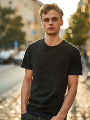 Black tshirt mockup, blank oversized t-shirt template, casual fashion, handsome male model wearing a empty black tee standing outdoors in the city for clothing company mockup