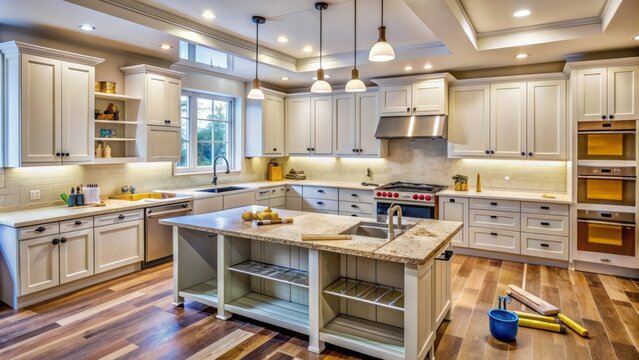 Beautifully organized kitchen renovation in progress with new cabinets, countertops, and appliances surrounded by construction tools and materials.