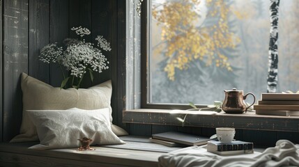 Cozy home window seat with tea books and decorations rustic indoor style monochrome space for staying in during quarantine