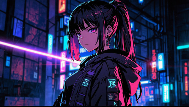 Futuristic 3D render anime cyberpunk characters cartoon video game magenta neon city lights night