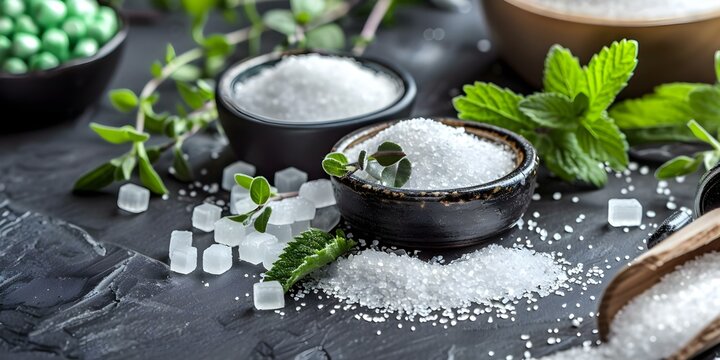 Aspartame and stevia sweeteners on a cluttered table. Concept Sugars Sweeteners, Aspartame, Stevia, Table Clutter, Comparing Sweeteners