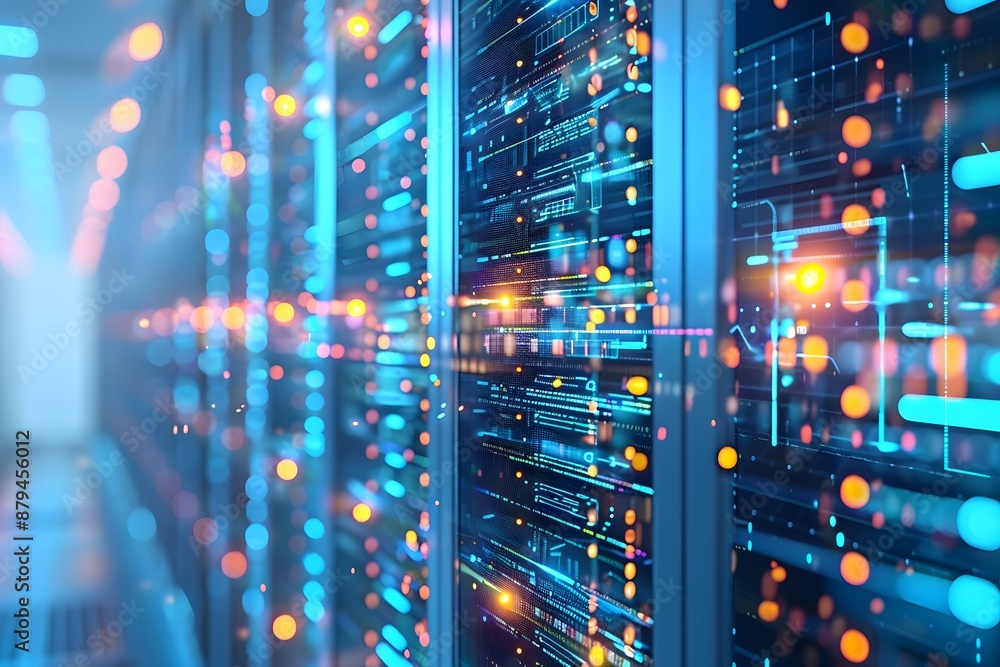 Poster high-tech data center with glowing servers and network connections