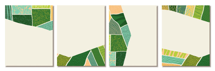 Agriculture field pattern, aerial view card poster with copy space. Countryside grassland, farm land from top. Geometric farmland patches, padded mosaic country background. Flat vector illustration