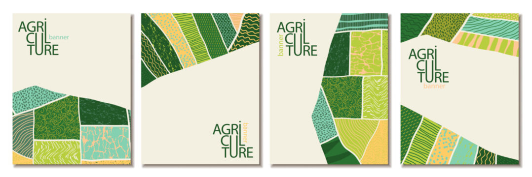 Agriculture field pattern, aerial view card poster with copy space. Countryside grassland, farm land from top. Geometric farmland patches, padded mosaic country background. Flat vector illustration