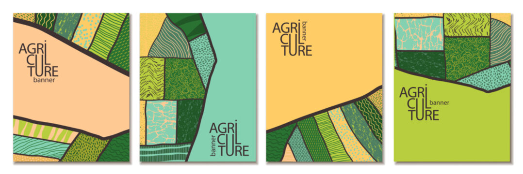 Agriculture field pattern, aerial view card poster with copy space. Countryside grassland, farm land from top. Geometric farmland patches, padded mosaic country background. Flat vector illustration