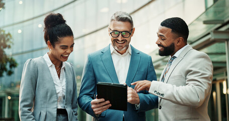 Business, people and smile with tablet in city outdoor for email for good news, teamwork and...