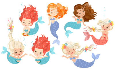 Hand drown vector illustration of Beautiful Girl Mermaids different ethnicity. Set of isolated characters on white background