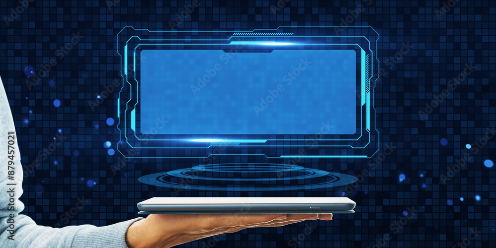 Poster close up of female hand holding cellphone with empty blue digital screen on dark background. big dat