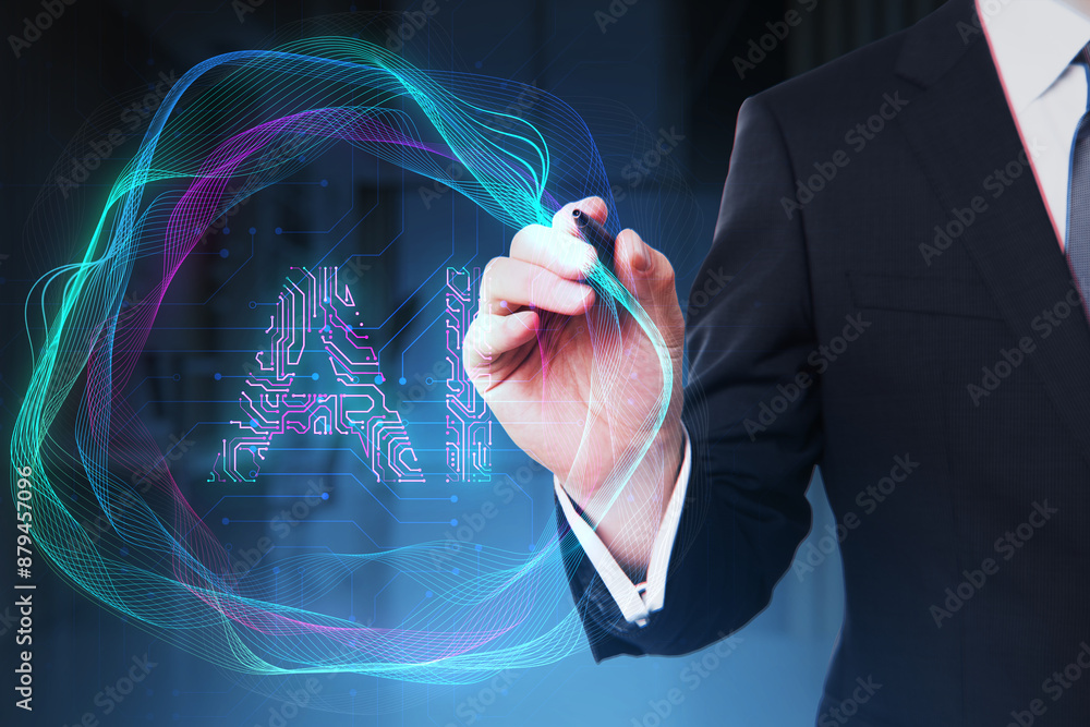 Poster close up of male hand with pen using creative digital tech circle on blurry dark office background. 