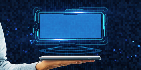 Close up of female hand holding cellphone with empty blue digital screen on dark background. Big data and internet ad concept. Mock up place for your advertisement.