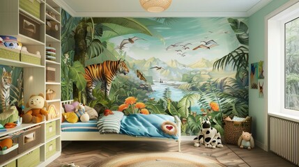 Create kid-friendly wall designs with vibrant wallpaper and captivating murals.