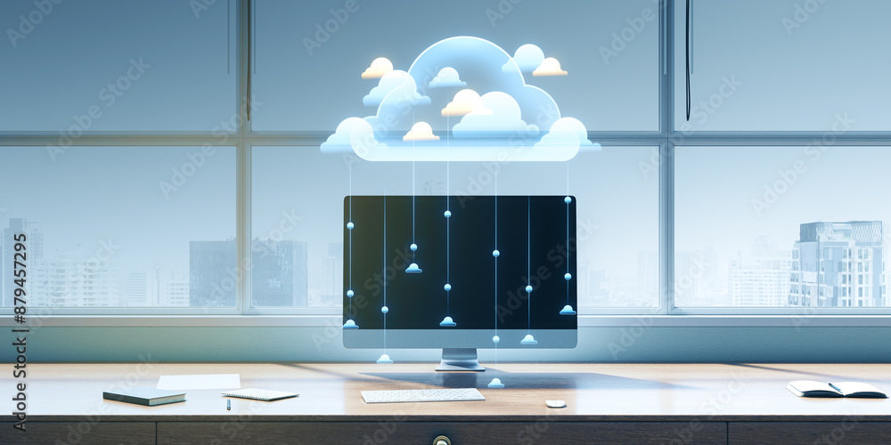 Poster Modern workplace with computer, other objects and creative cloud computing hologram with transferring files on blurry backdrop. Cloud server and big data concept. 3D Rendering.