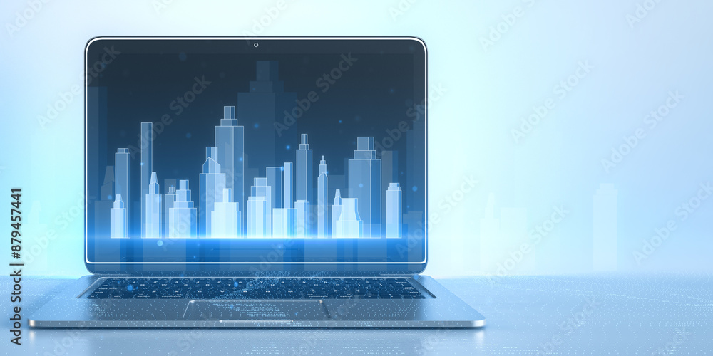 Aufkleber glowing smart city hologram on blurry blue laptop screen and background with mock up place. ai and i