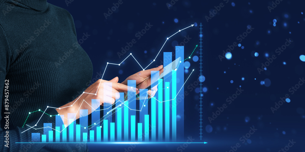 Poster close up of woman hand using tablet with glowing growing business chart on blurry bokeh background. 