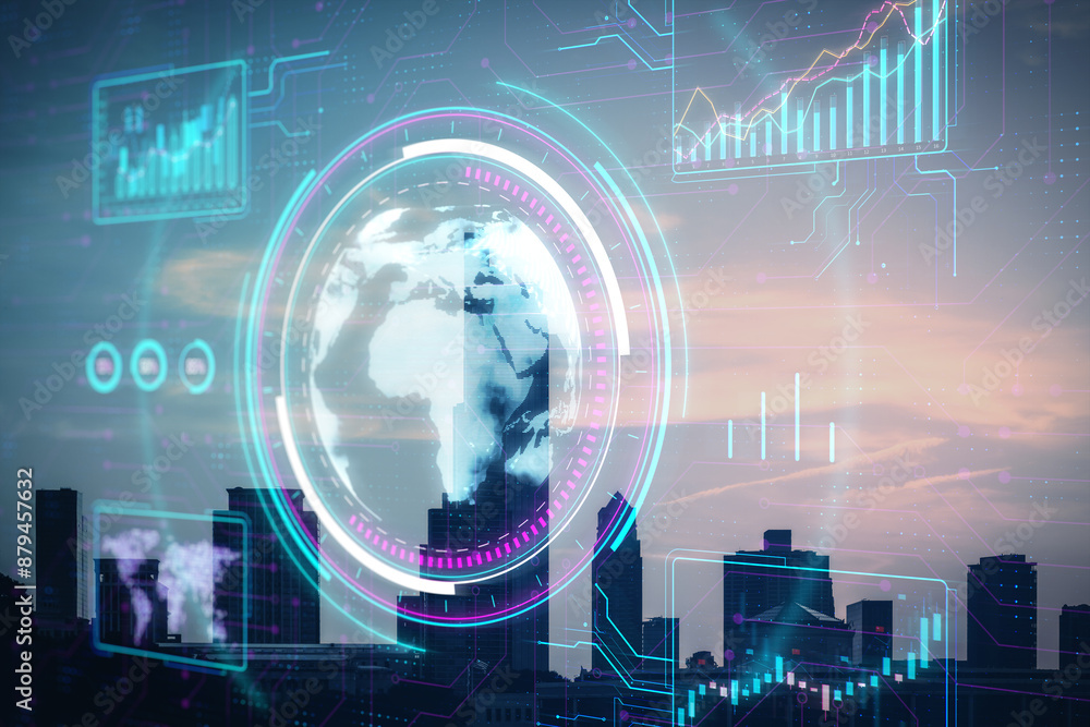 Canvas Prints Digital business interface with charts and globe on blurry toned city texture. Global business, data and finance dashboard concept. Double exposure.