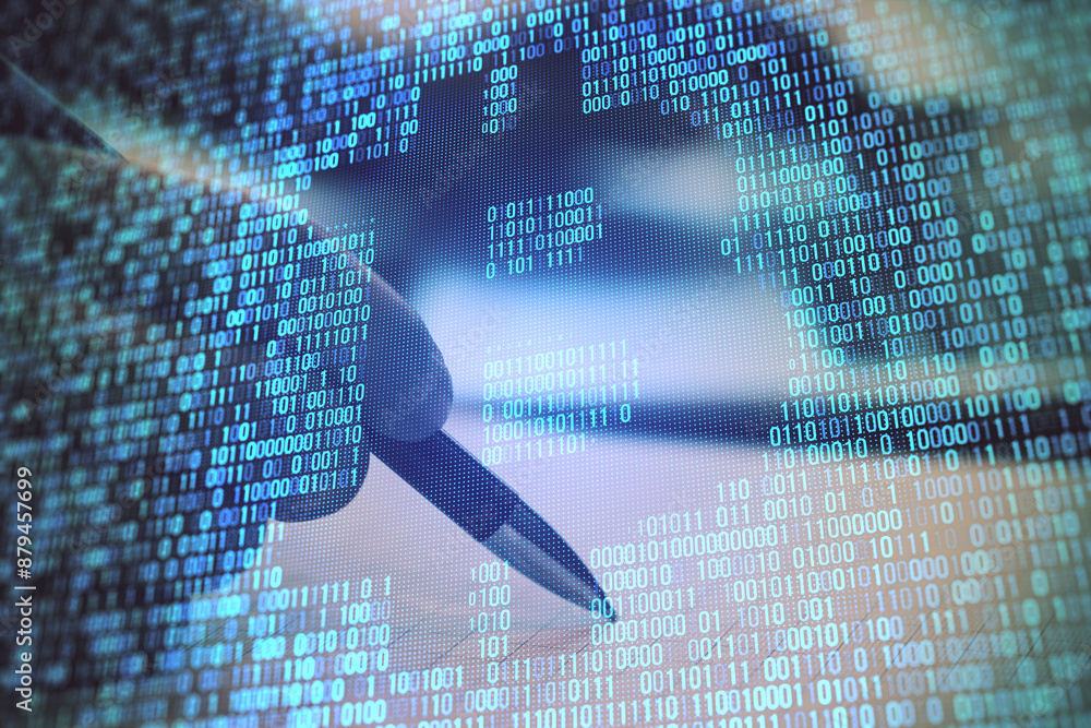 Poster Close up of creative blue binary coding hologram with bitcoin outline on blurry workplace background. Digital money and cryptocurrency concept. Double exposure.