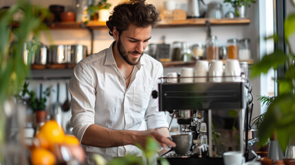 Businessman prepares and drinks coffee in clean kitchen before heading out. Organized start to the day.

