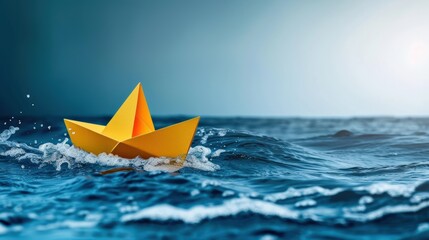 Yellow Paper Boat Sailing on Blue Ocean Waves