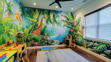 Create kid-friendly wall designs with vibrant wallpaper and captivating murals.