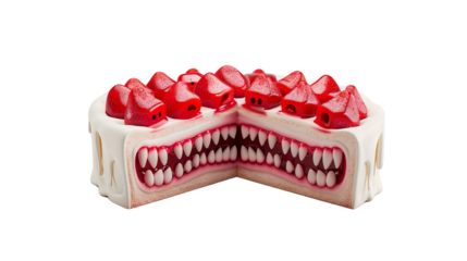 A bizarre cake with a white frosting, lined with realistic teeth and red pieces on top, creating a surreal and eerie visual effect.