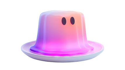 Fototapeta premium A creative 3D rendering of a ghost-shaped jelly dessert on a white plate, featuring a vibrant gradient of pink and purple hues.
