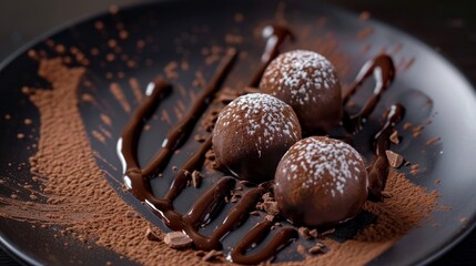 Decadent chocolate truffles adorned with cocoa powder rest temptingly on a sleek black plate, artfully drizzled with a rich chocolate sauce.