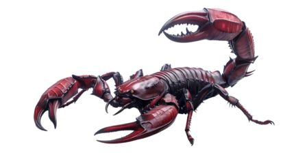 A digitally rendered image of a red, menacing robotic scorpion with intricate details, isolated on a white background.