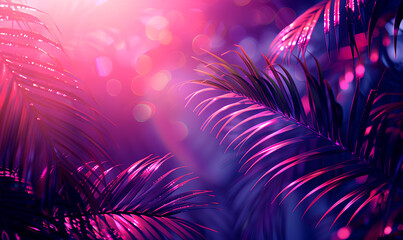 Fototapeta premium Palm fronds backlit by a vibrant pink sunset glow