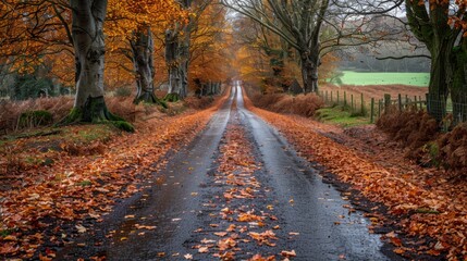 Tranquil Autumn Road: Serene Landscape Photography with Falling Leaves