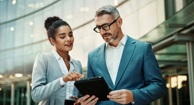 Business, people and happy with tablet in city outdoor for email with teamwork and collaboration. Employees, communication and review or feedback with partnership and discussion as accountant