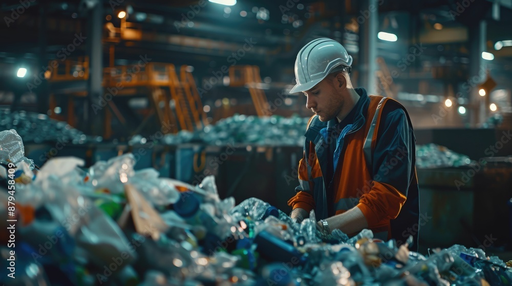 Poster smart engineer checking iron machine in factory while wearing safety helmet. professional industrial