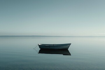 lone boat on a calm empty lake with a clear sky