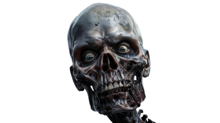 Creepy close-up of a realistic zombie head with decaying flesh and hollow eyes, perfect for horror-themed projects and Halloween designs.