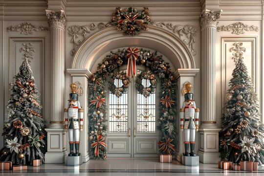Backdrop Christmas card arched doorway, garland, decorations, nutcrackers and festive decor.
