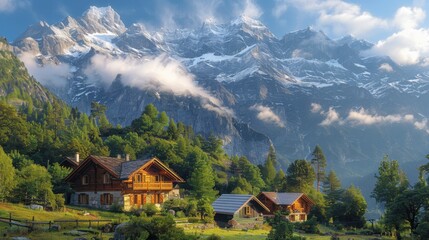 Fototapeta premium Idyllic Alpine Retreat: Snow-Capped Peaks, Charming Cottages, and Serene Scenery