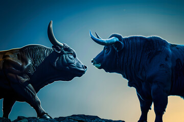 a bull versus a bear as business financial stock market concept blue tone background