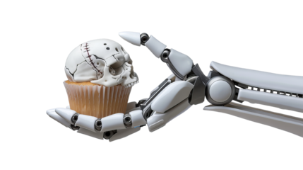 Robot hand holding a skull-designed cupcake, symbolizing the mix of technology and creativity in futuristic dessert concepts.