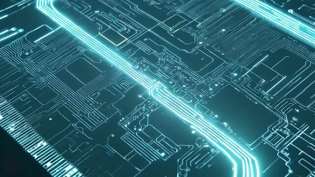 Slow-motion shot of illuminated circuit boards with glowing pathways.