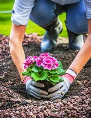 Fototapeta premium Adult Person Working And Planting Colourful Flowers And Gardening Stuff Garden Flowers Hobby 300 PPI High Resolution Image