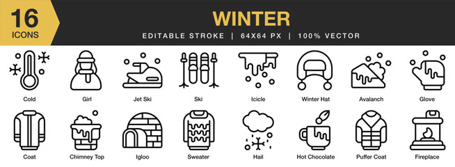 Set of 16 Winter icon set. Editable Stroke Icon Collection. Includes avalanch, coat, hail, glove, jet sky, sky, and More. Outline icons vector collection.