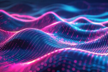 Undulating waves of neon light in contrasting colors against a dark background, resembling a digital sea of light. 