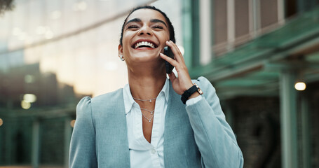 Business, woman and laughing phone call in city, talking and negotiating with online or virtual client on mobile app. Outside, joke and listen for company deal, corporate career and funny discussion