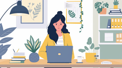 Fototapeta premium A woman works from home on her laptop, showing the growing trend of remote work and home office jobs.