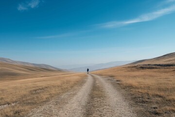 lone hiker on a vast empty trail with a clear sky