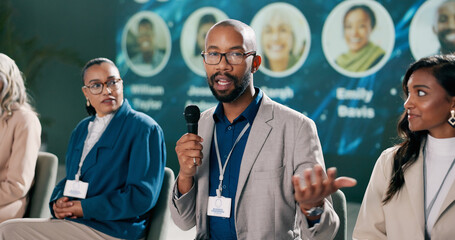 Presentation, man or speaking at seminar for information, climate change or sustainability. Male...