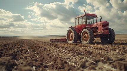 Obraz premium Red Tractor Plowing Field Under Cloudy Sky. Red tractor plows a vast field under a cloudy sky, preparing the land for planting in a classic agricultural scene.