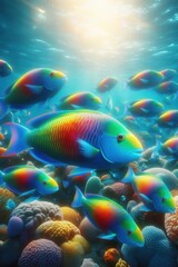 Fototapeta premium Beautiful Thalassoma lunare, commonly known as the Moon Wrasse rainbow fish underwater in the tropical waters of the ocean. They are characterized by their bright and vibrant coloration