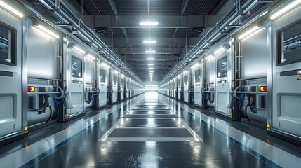 Fototapeta premium Modern Industrial Facility Corridor. Sleek, futuristic industrial facility corridor lined with advanced machinery, illuminated by bright overhead lights.