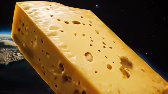 a piece of cheese flies in space against the backdrop of a planet